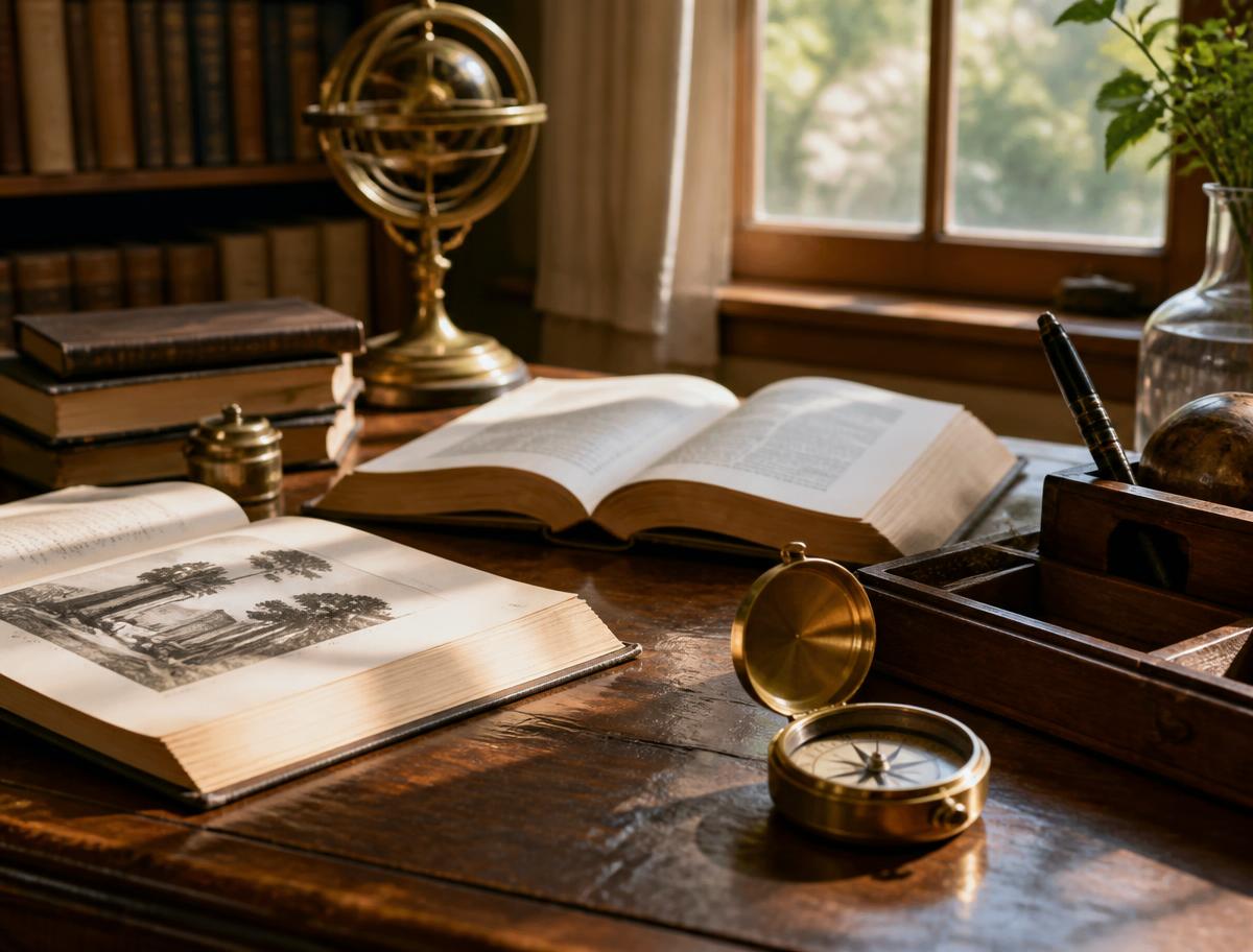 Open books and a brass compass on a study desk