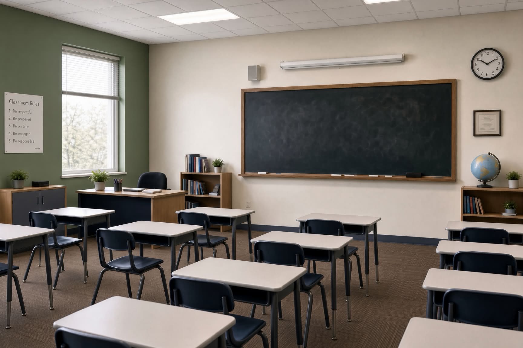 Redeemer Classical Academy classroom with desks and chalkboard