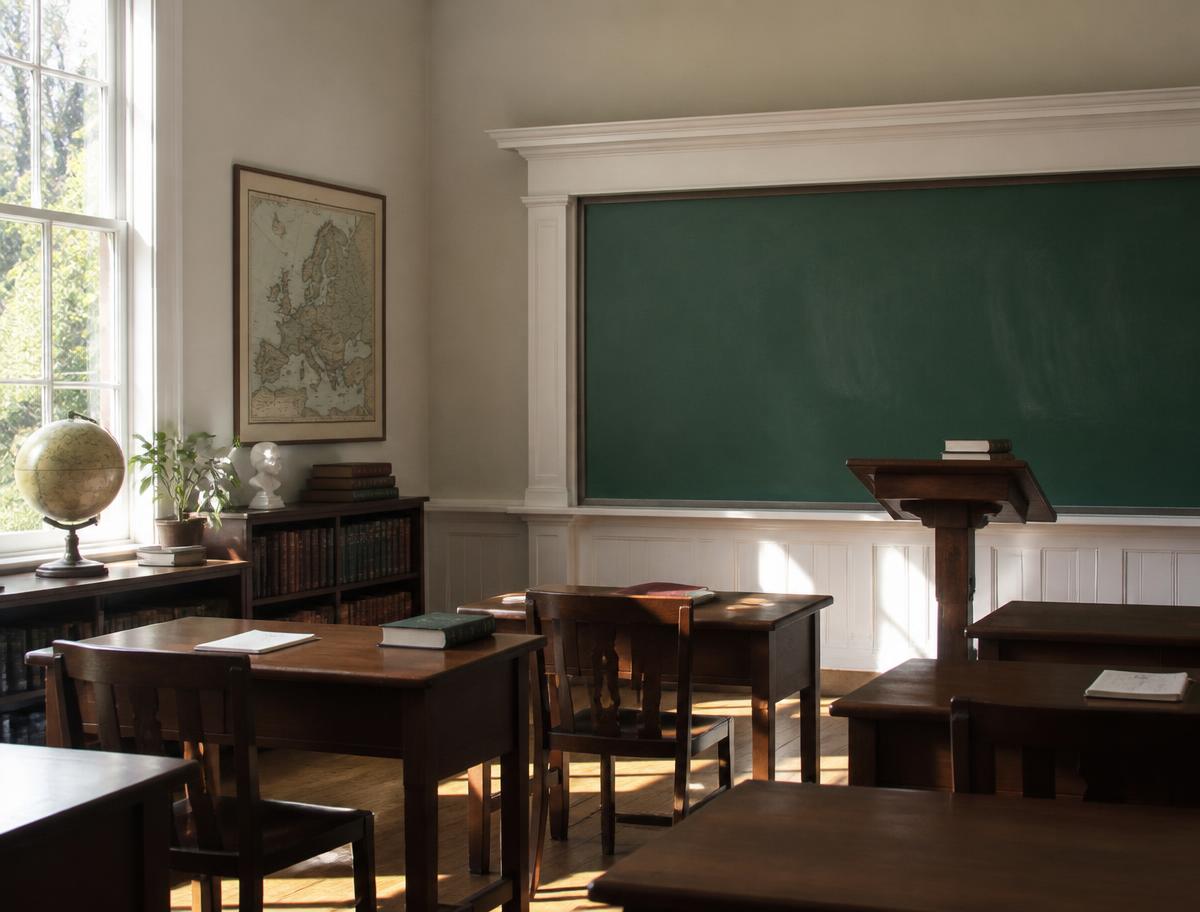 Classical school classroom with wooden desks